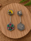 Front and back view of geometric enamel earrings showing screw-back closure and plain silver reverse side