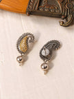 Front and back view of oxidised dual-tone paisley stud earrings showing gold filigree detail and push-back fastening