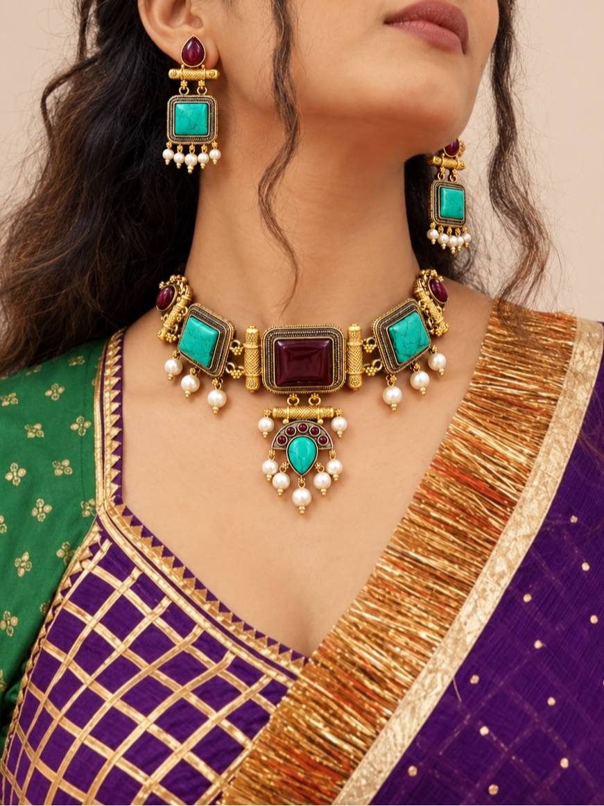 Woman wearing antique gold turquoise choker necklace set with maroon and pearl accents over a purple and green saree