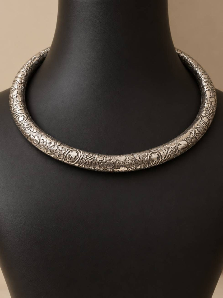 Oxidised silver brass choker necklace displayed on a black jewellery mannequin bust