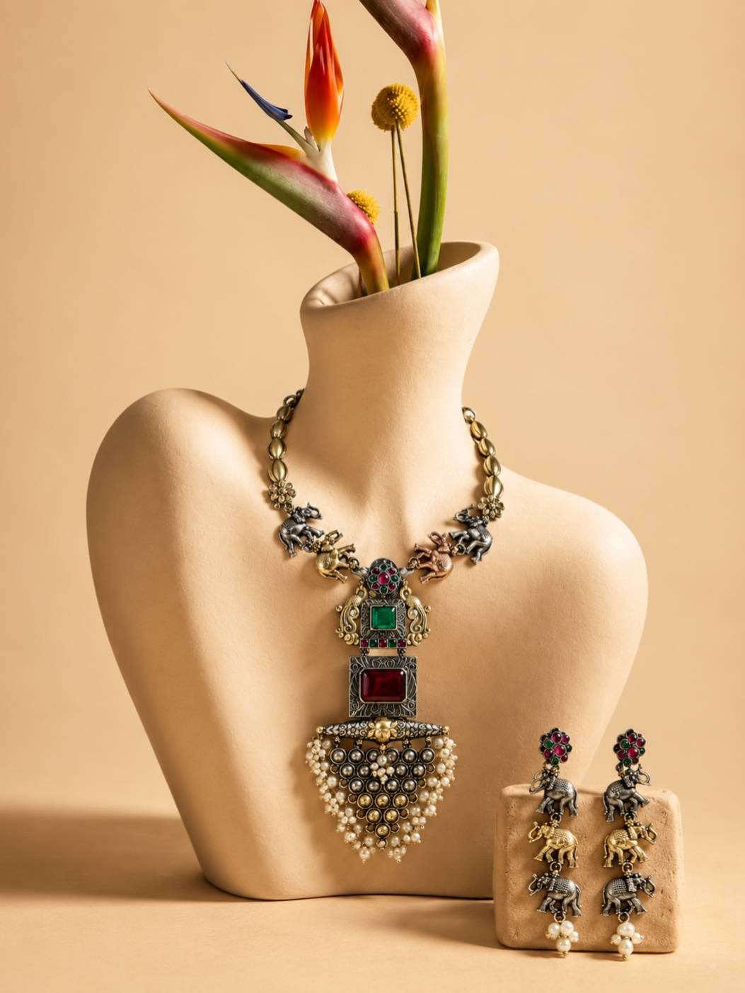 Oxidised elephant necklace displayed on a beige bust mannequin with matching earrings placed beside a bird-of-paradise flower vase
