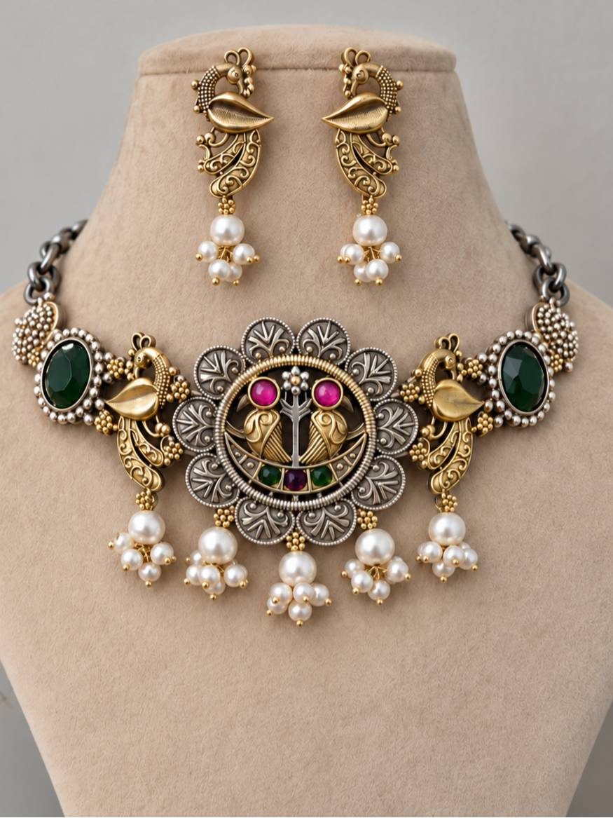 Oxidised dual-tone peacock choker necklace and earring set displayed on a beige jewellery bust