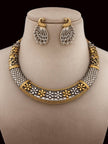 Dual-tone oxidised choker necklace with peacock stud earrings displayed on a jewellery bust against dark background