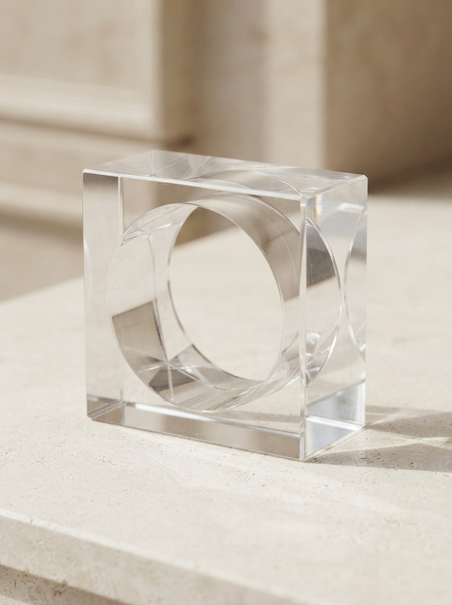 Transparent geometric square bangle placed on a sunlit natural stone surface
