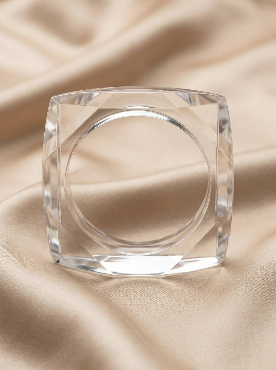 Clear acrylic square bangle laid flat on cream satin fabric, top-down view showing circular inner channel and bevelled corners