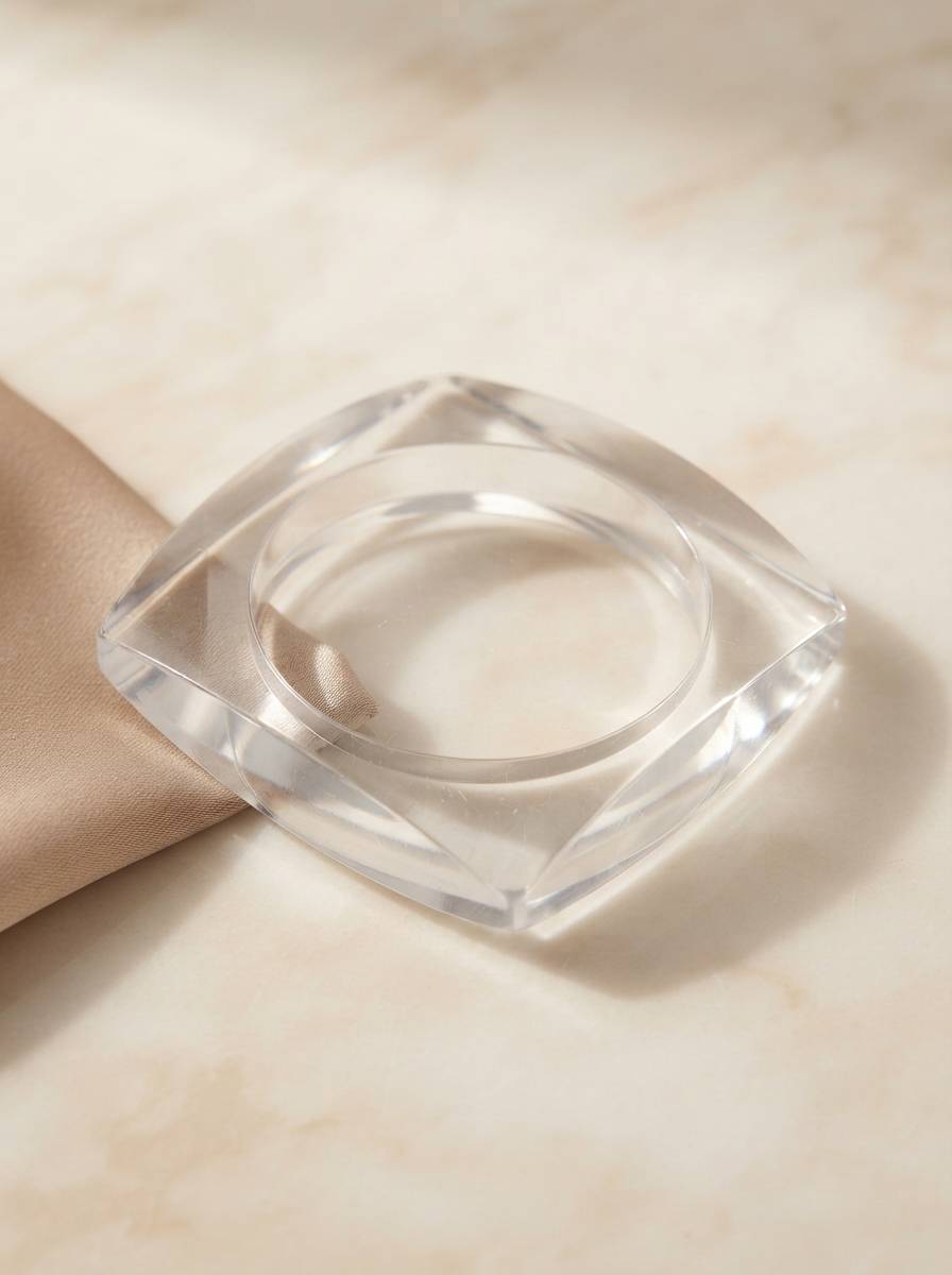 Clear faceted acrylic square bangle lying flat on a marble surface leaning against folded champagne satin fabric