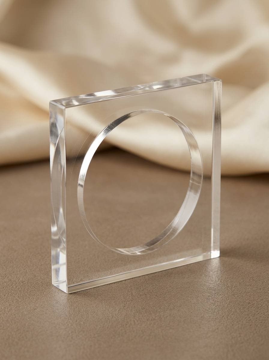 Clear acrylic square bangle with circular cut-out standing upright on a taupe surface against cream fabric