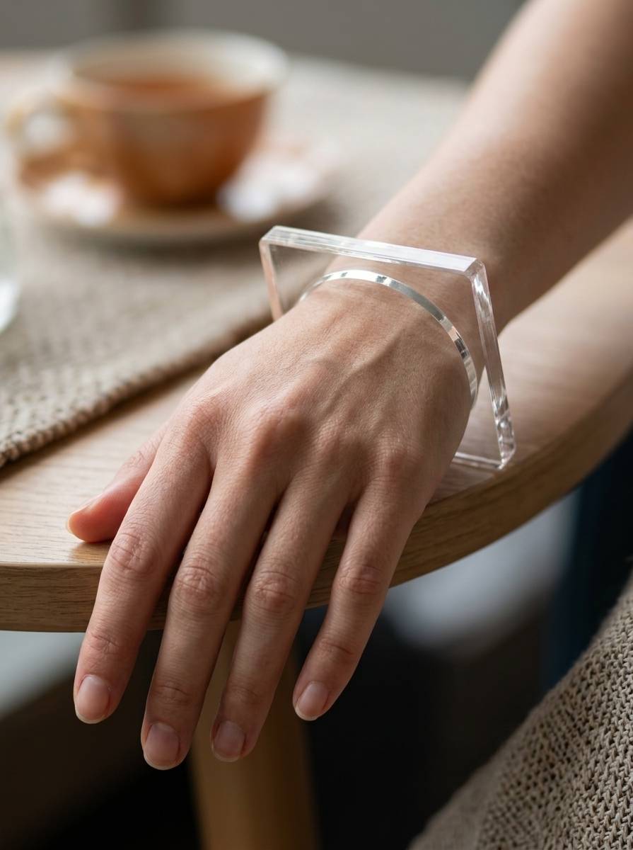Clear acrylic square bangle worn on a woman's wrist resting on a wooden table beside a tea cup
