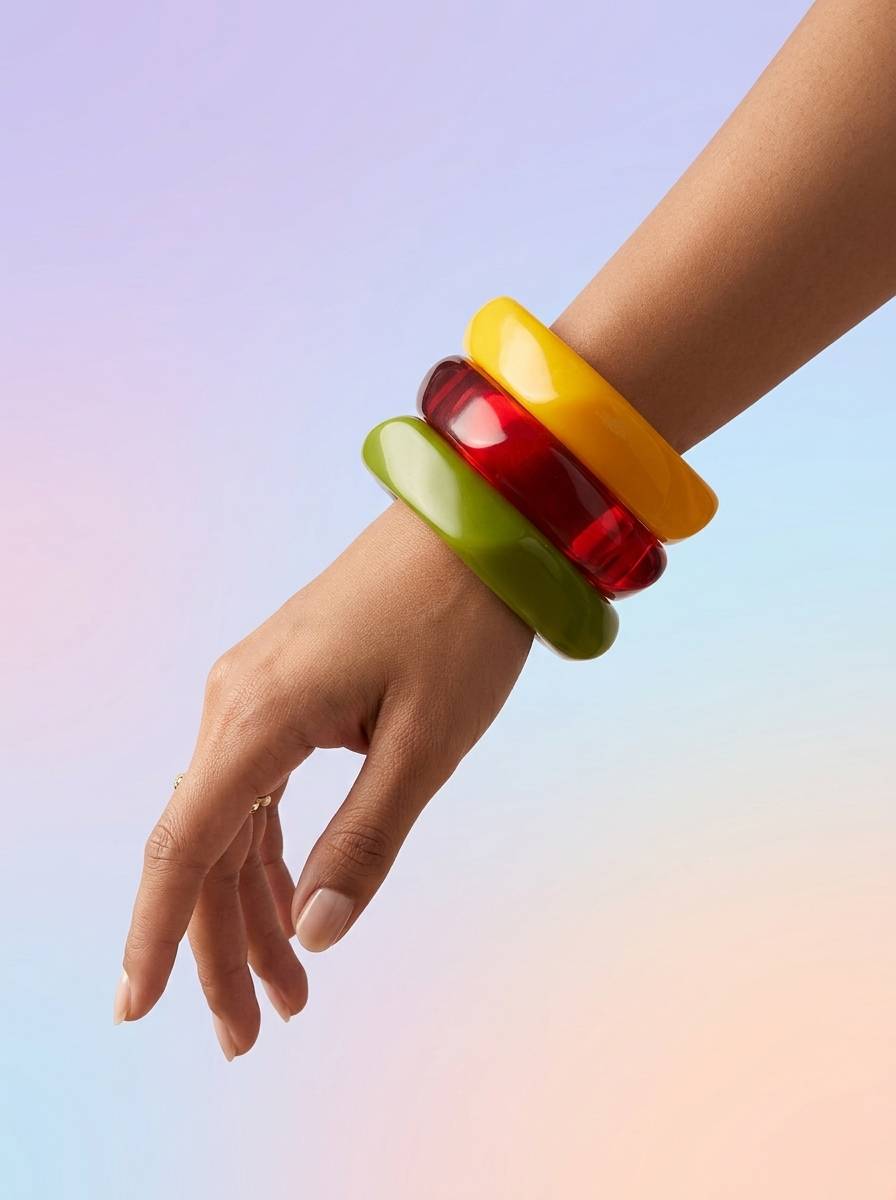 Model wearing all three multicolour resin bangles stacked on her wrist against a pastel blue and pink background