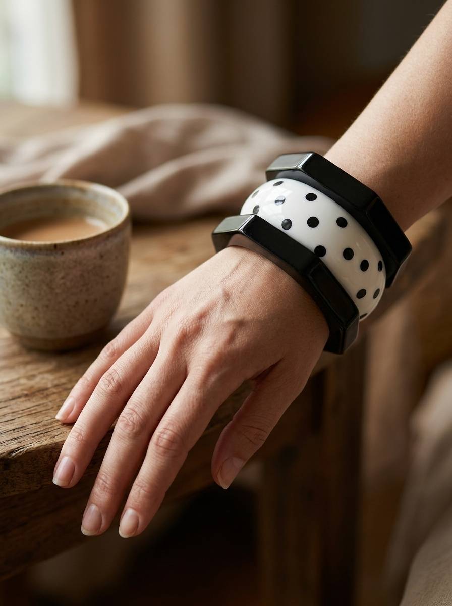 Woman wearing a stack of two black octagonal and one white polka-dot resin bangle on her wrist beside a coffee cup