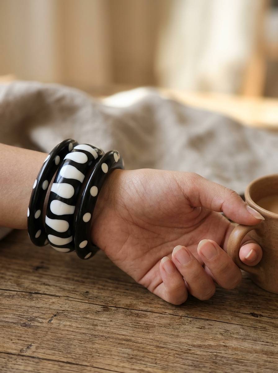 Two black and white resin bangles stacked on a woman's wrist as she holds a wooden cup on a rustic table