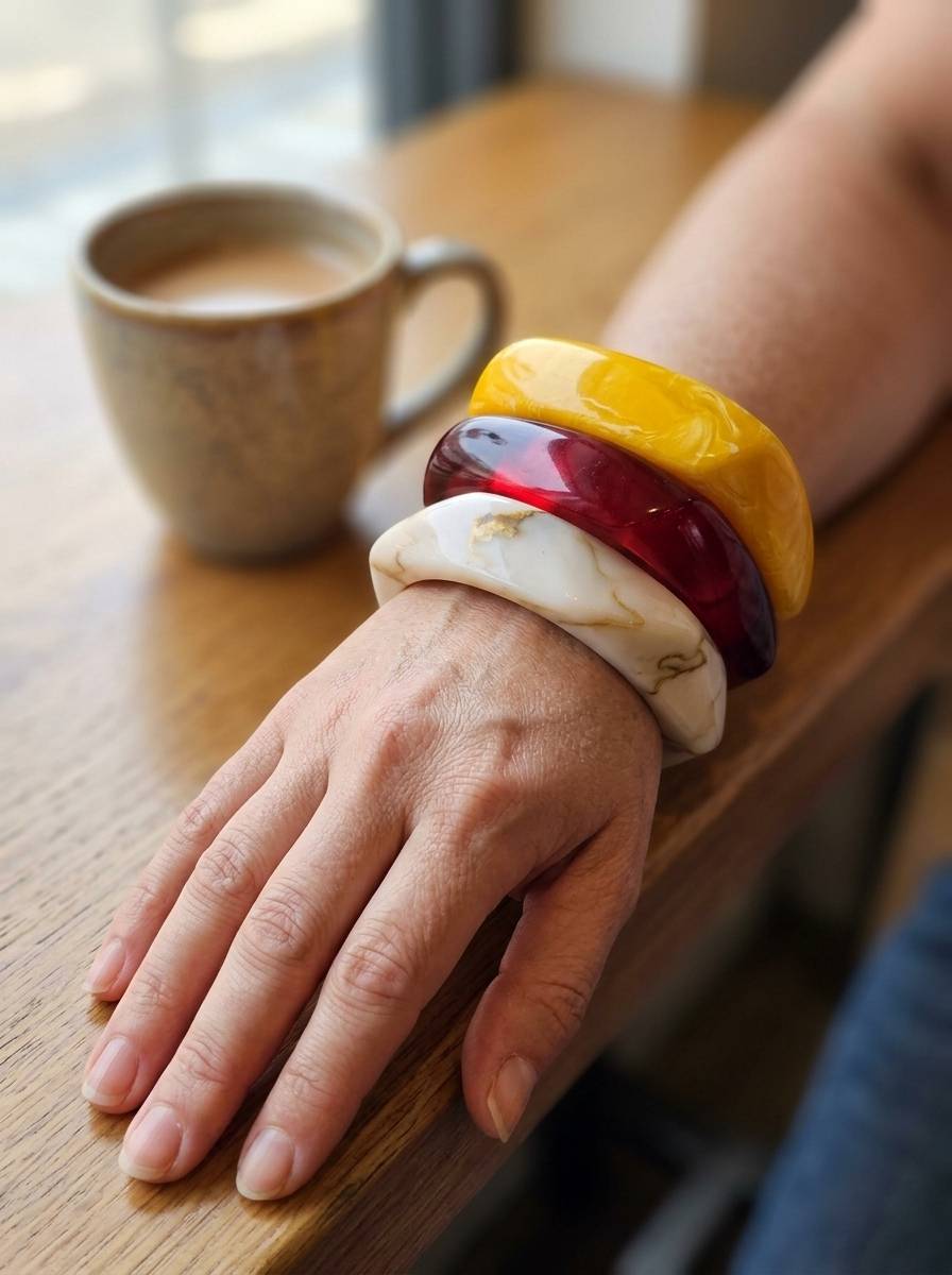 Three stacked resin bangles in yellow, red and white marble worn on a wrist resting on a wooden table beside a coffee cup