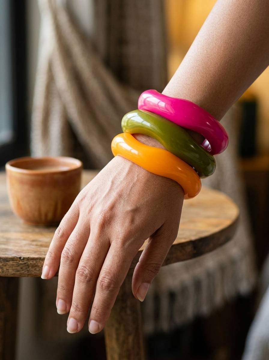 Woman wearing three stacked glossy resin bangles on her wrist resting on a wooden stool