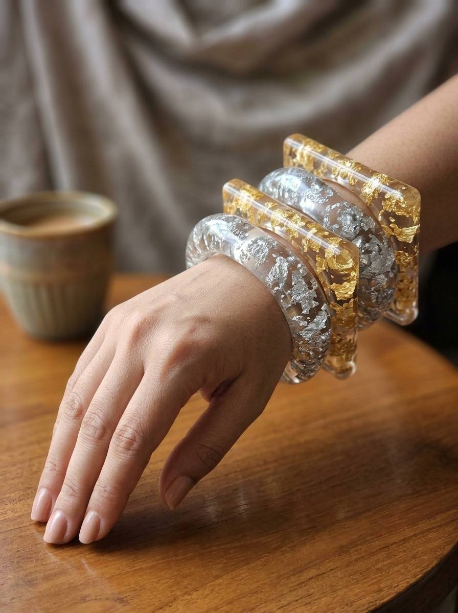 Woman wearing all four gold and silver foil resin bangles stacked on her wrist, resting hand on wooden table beside a coffee cup