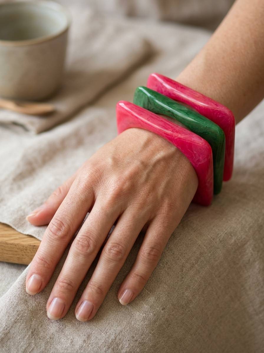 Three stacked square marble resin bangles worn on a woman's wrist resting on linen cloth