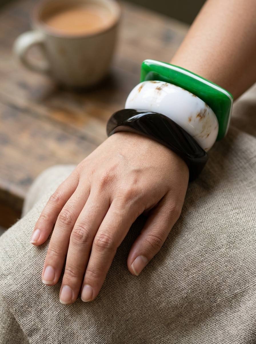 Three marble resin bangles worn stacked on a woman's wrist resting on a linen surface near a coffee cup