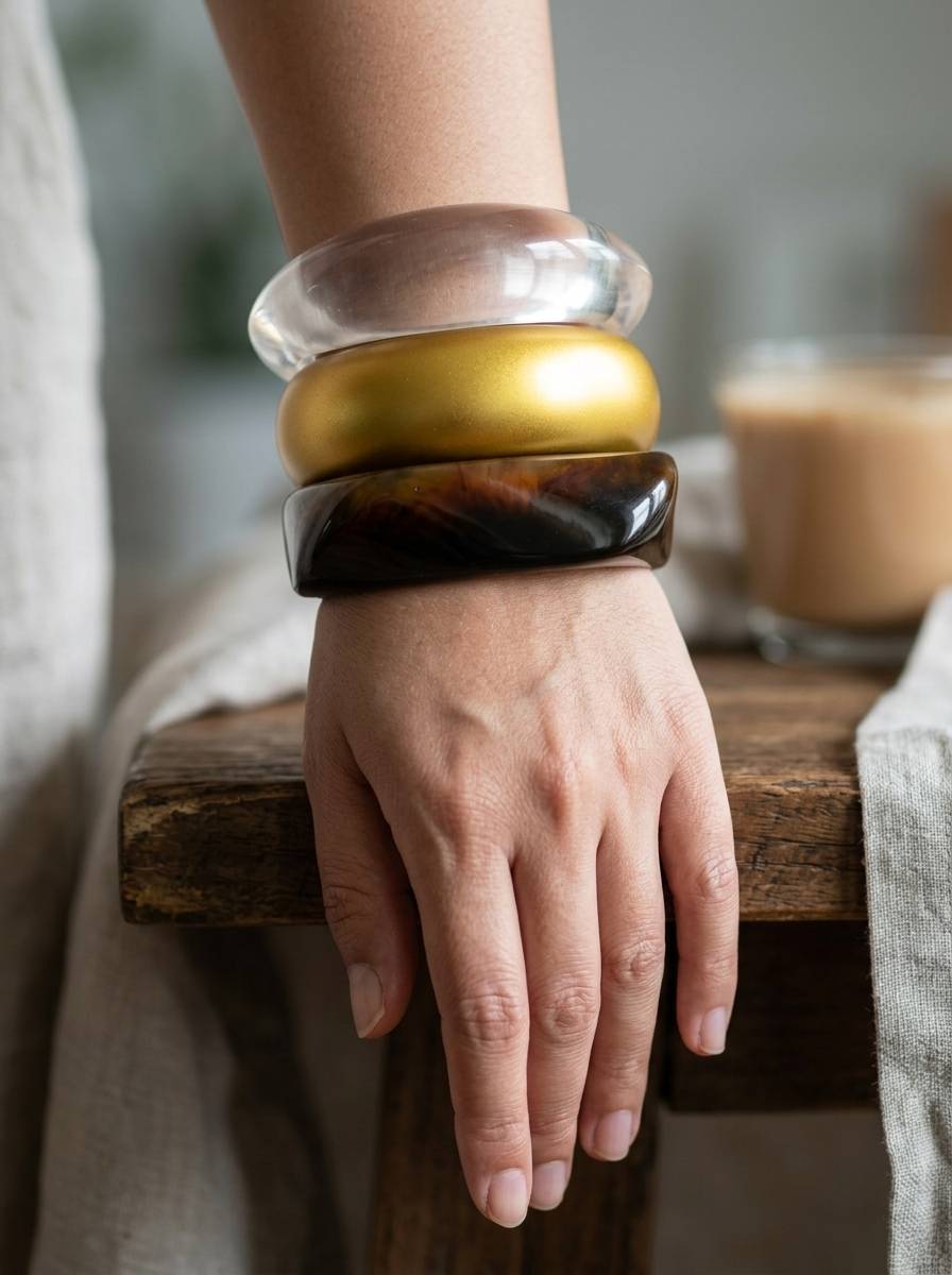 Woman wearing all three bangles stacked on wrist — clear acrylic, matte gold, and dark tortoiseshell resin from top to bottom