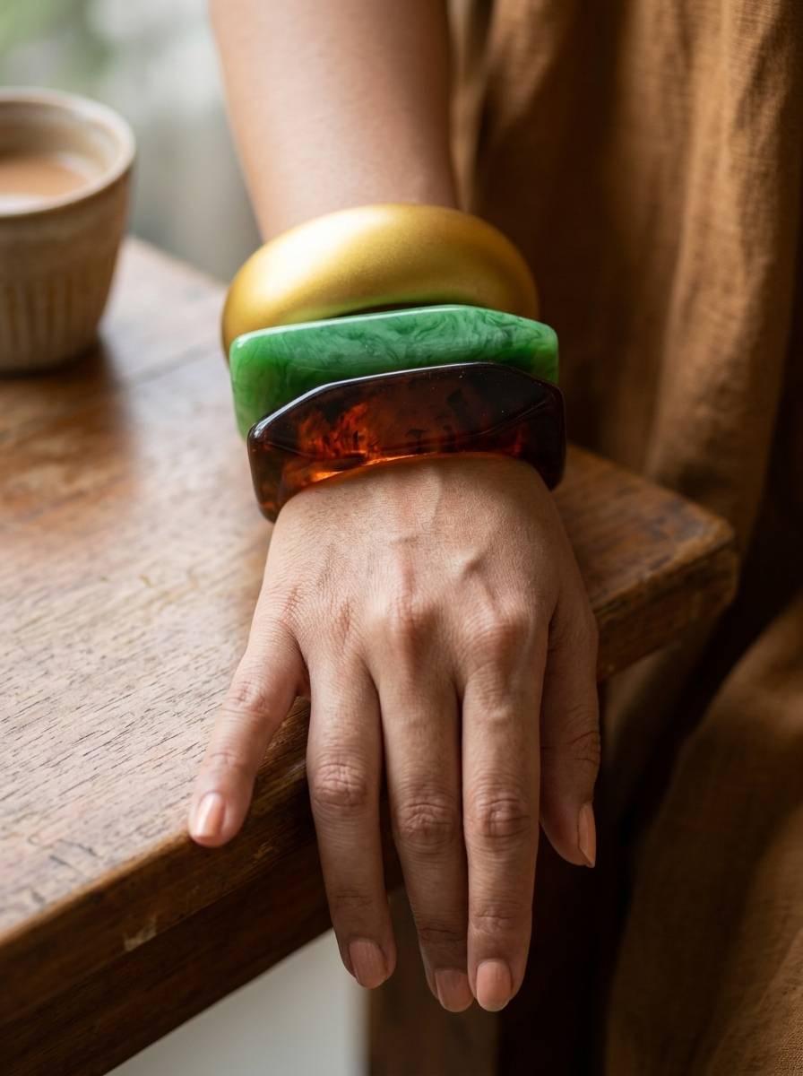 Woman wearing all three stacked bangles on her wrist resting on a wooden table edge