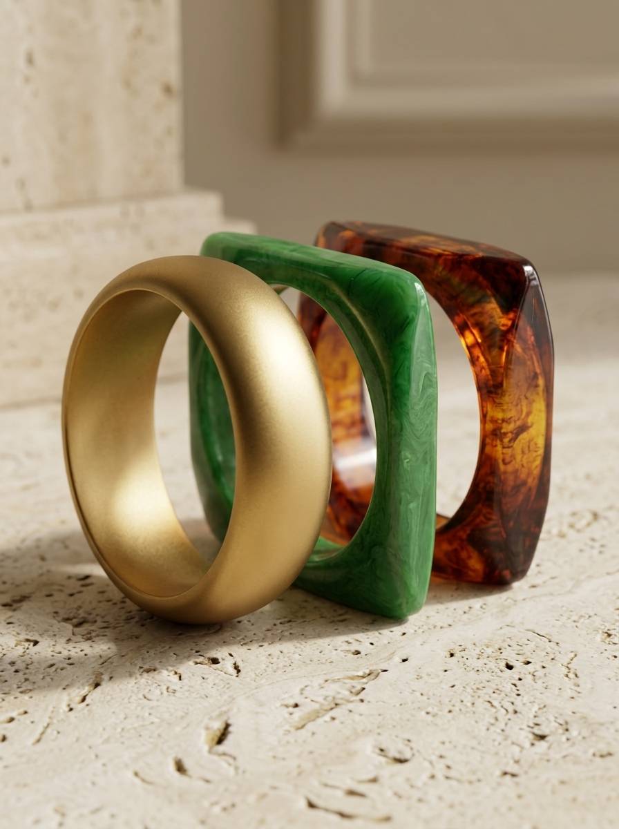 Three bangles standing upright side by side on a stone surface showing circular and square profiles