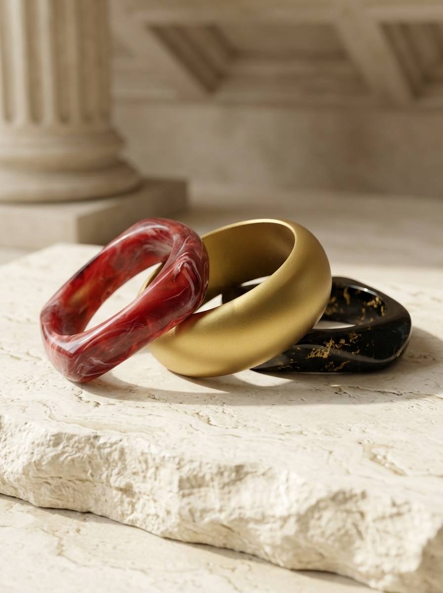 Three resin bangles in red marble, matte gold, and black with gold foil resting on a white stone surface