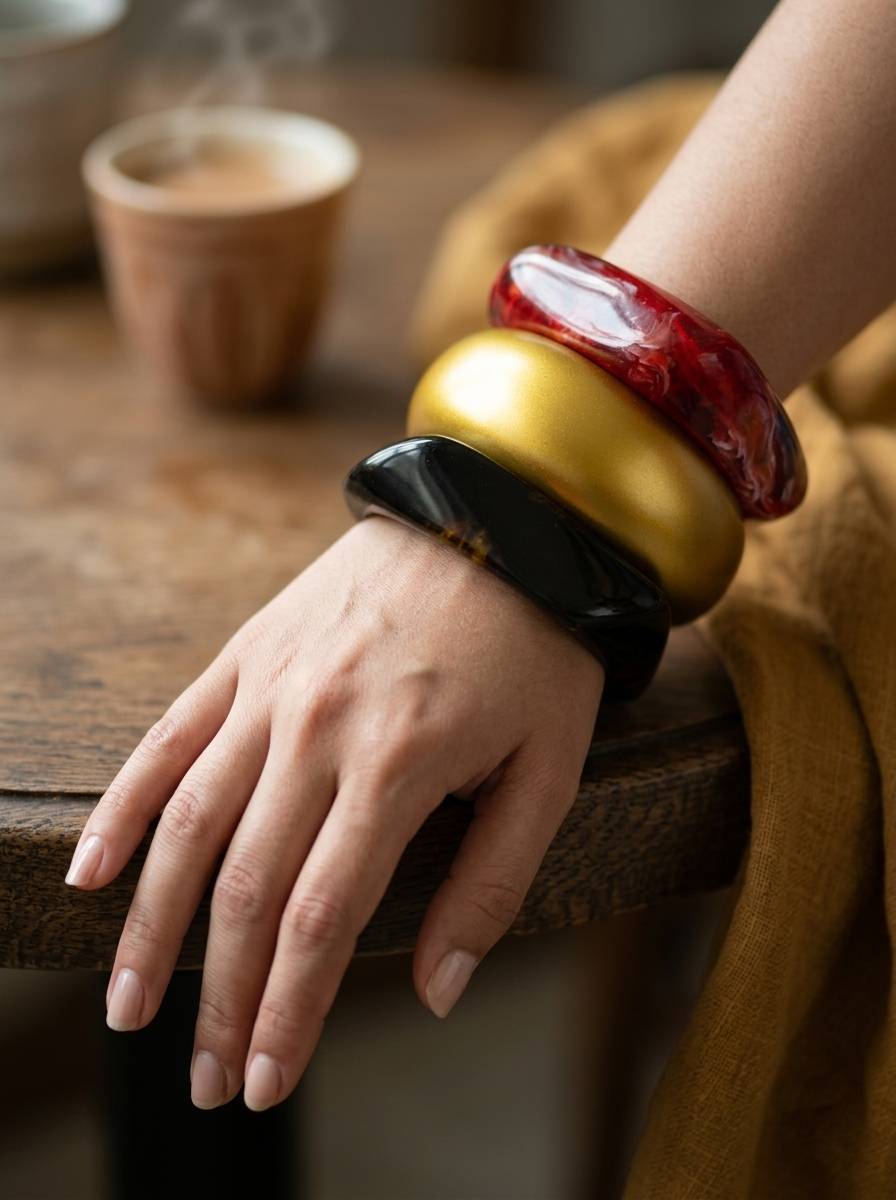 Woman wearing three stacked resin bangles on her wrist resting on a wooden surface beside a steaming cup