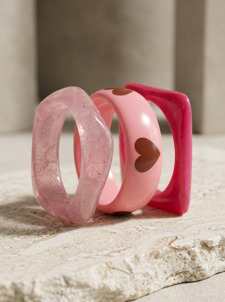 Three pink resin bangles standing upright on a stone surface showing translucent marbled, heart detail, and square silhouette styles