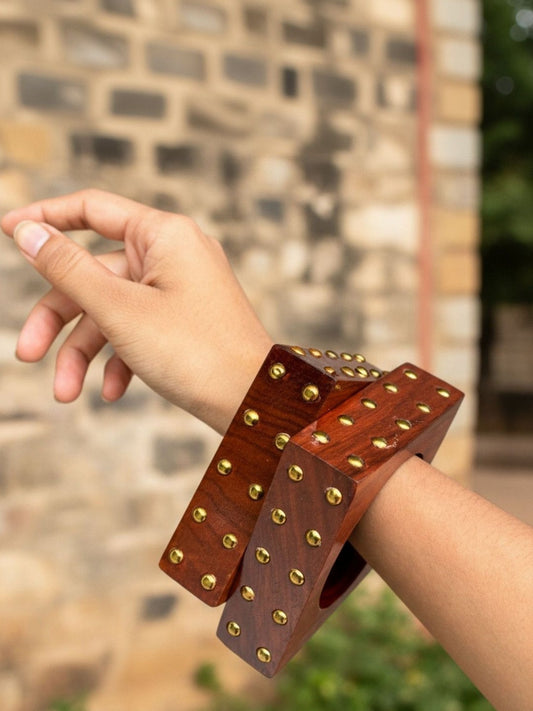 Brass-Studded Wooden Cuff Bangles for Women