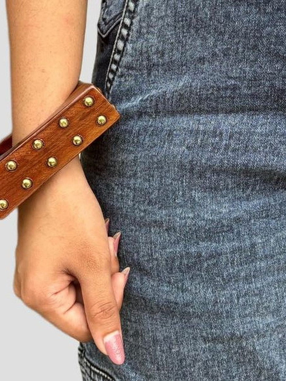 Brass-Studded Wooden Cuff Bangles for Women