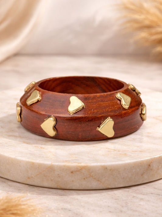 Gold-Finish Wooden Bangle with Heart Studs for Women