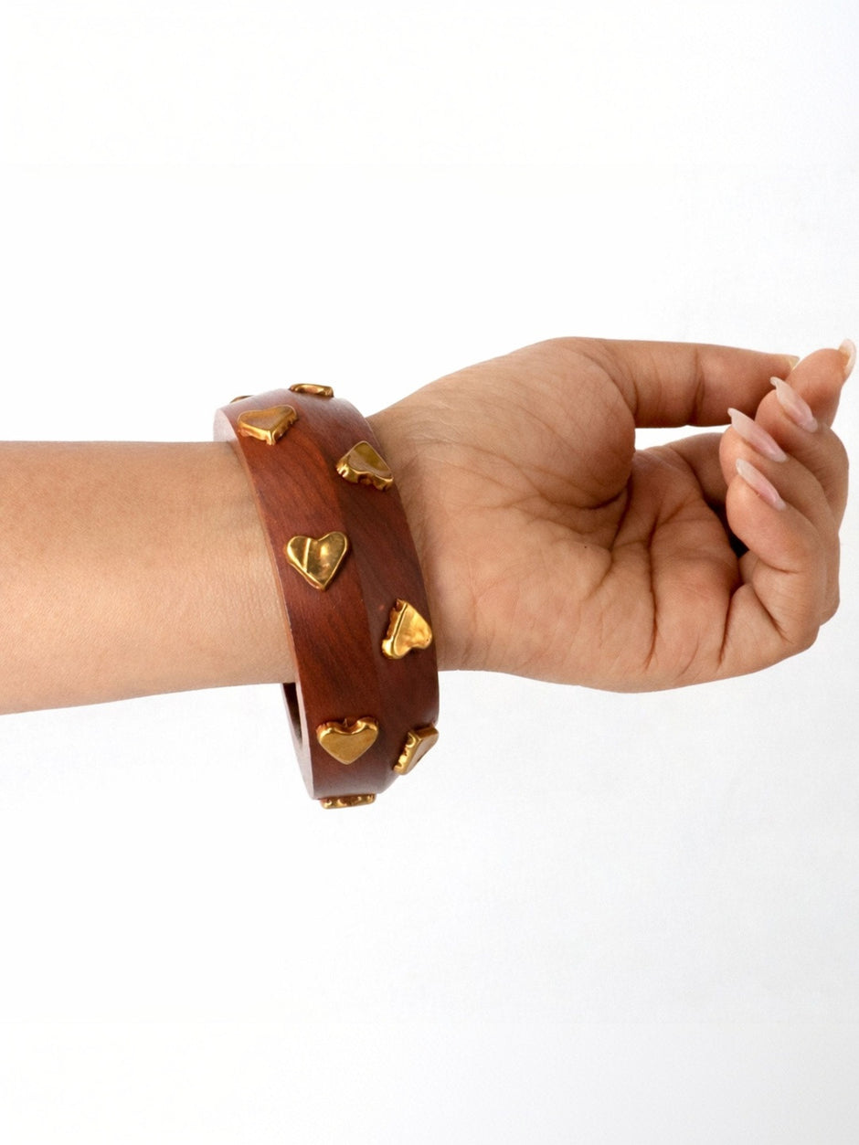 Gold-Finish Wooden Bangle with Heart Studs for Women