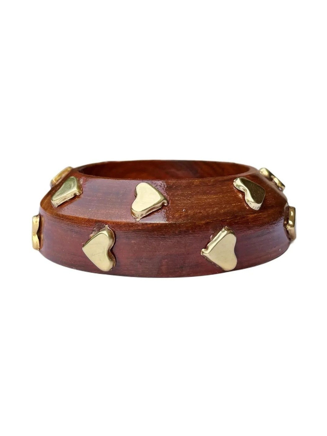 Gold-Finish Wooden Bangle with Heart Studs for Women