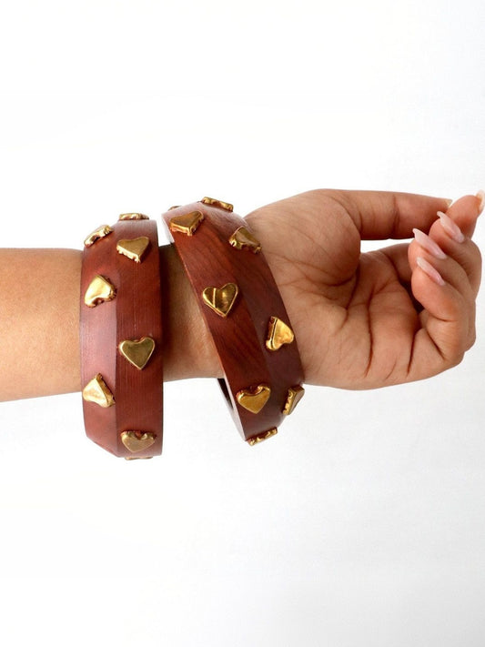 Gold Heart Stud Wooden Bangles for Women