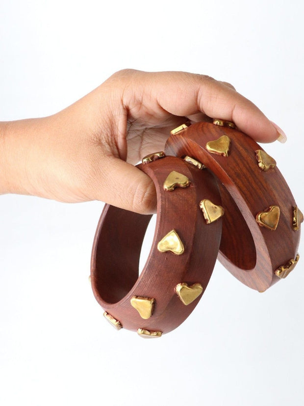 Gold Heart Stud Wooden Bangles for Women
