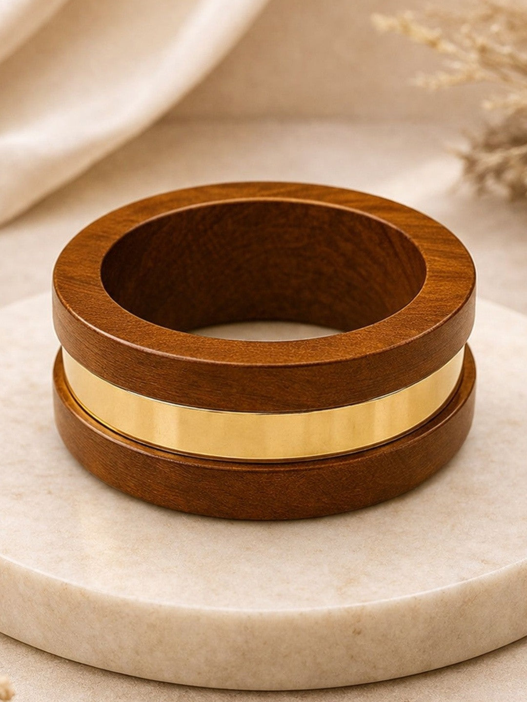 Wood and Gold-Tone Brass Bangle Kada for Women