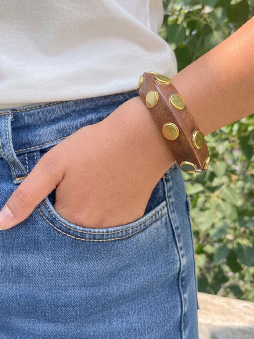 Gold-Studded Wooden Bangle for Women