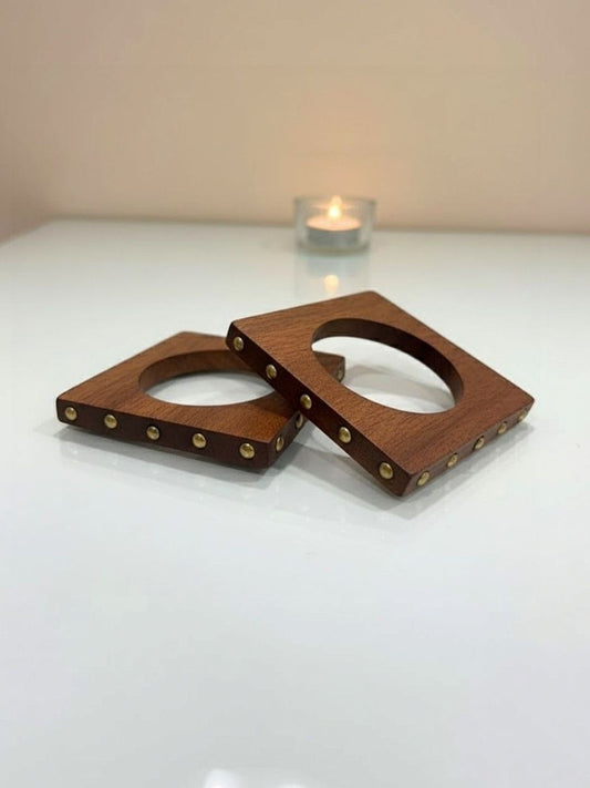 Wood & Brass Stud Square Bangles Set of 2