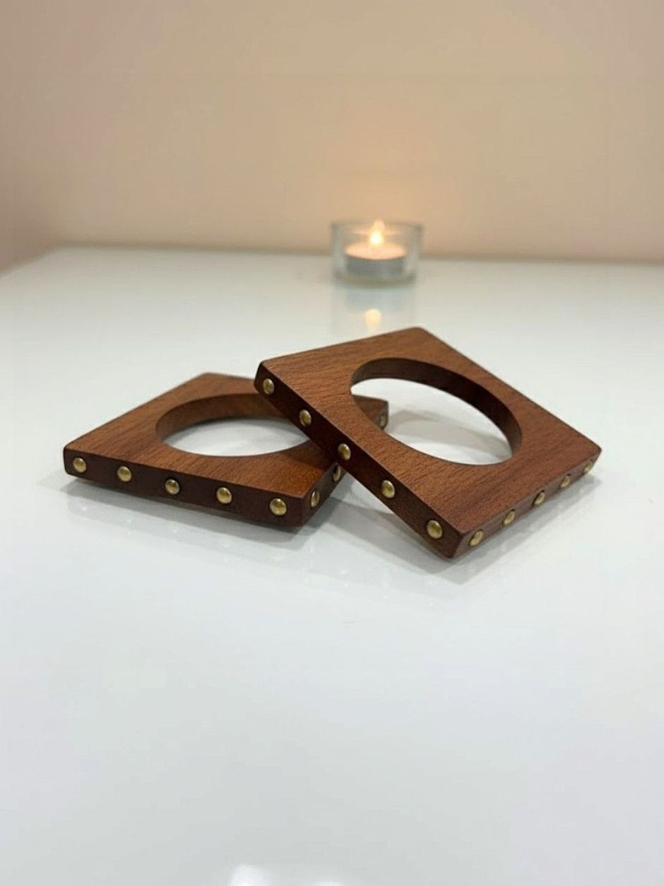 Wood & Brass Stud Square Bangles Set of 2