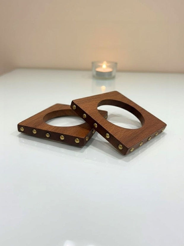 Wood & Brass Stud Square Bangles Set of 2