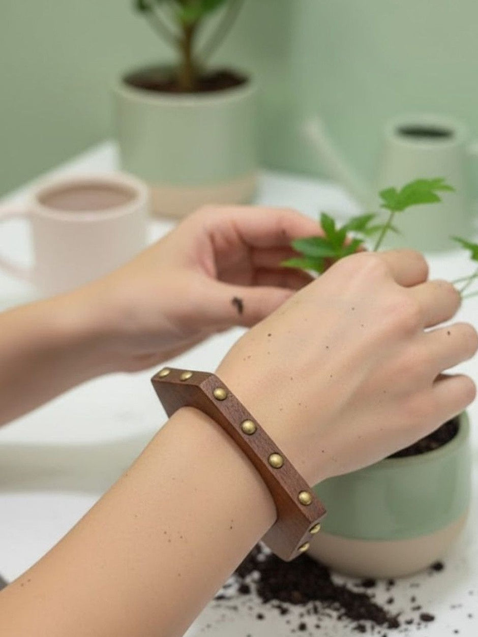 Wood & Brass Stud Square Bangles Set of 2