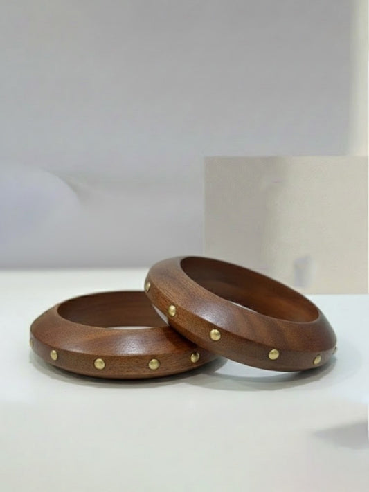 Brass-Studded Wood Bangle Bracelet for Women