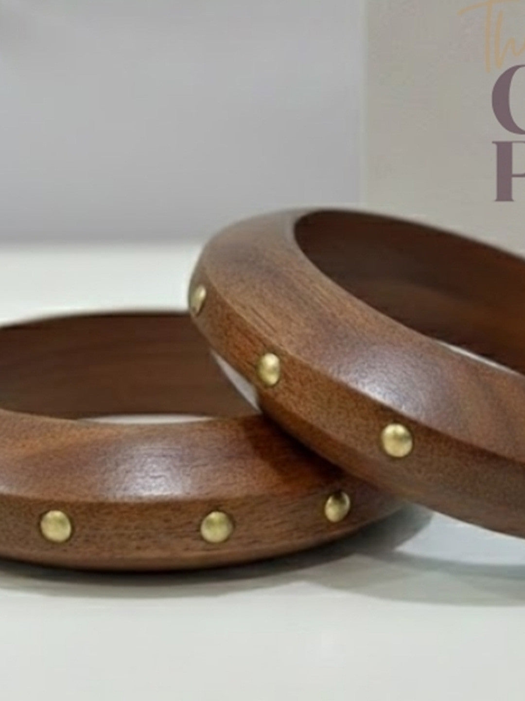 Brass-Studded Wood Bangle Bracelet for Women