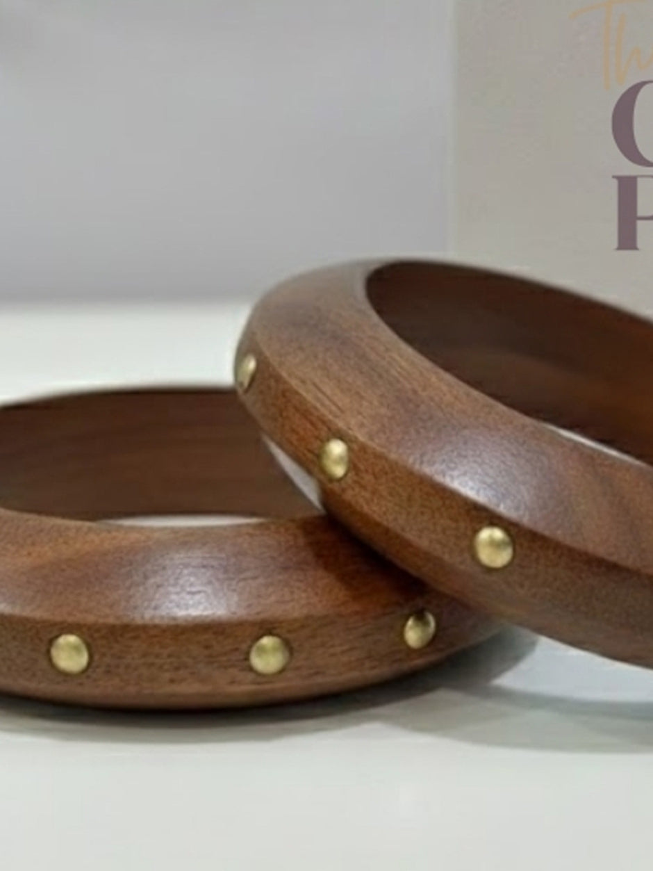 Brass-Studded Wood Bangle Bracelet for Women