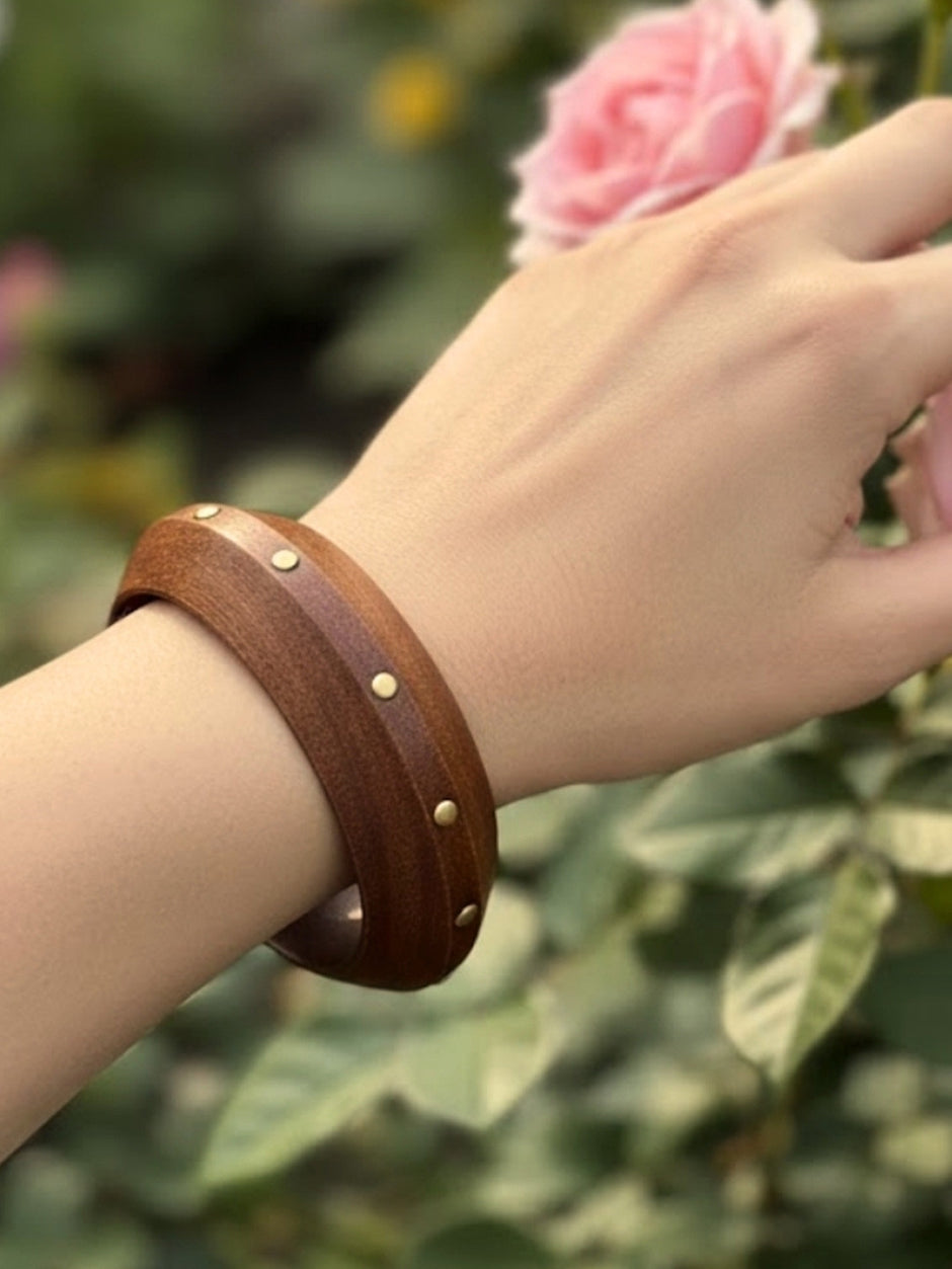 Brass-Studded Wood Bangle Bracelet for Women