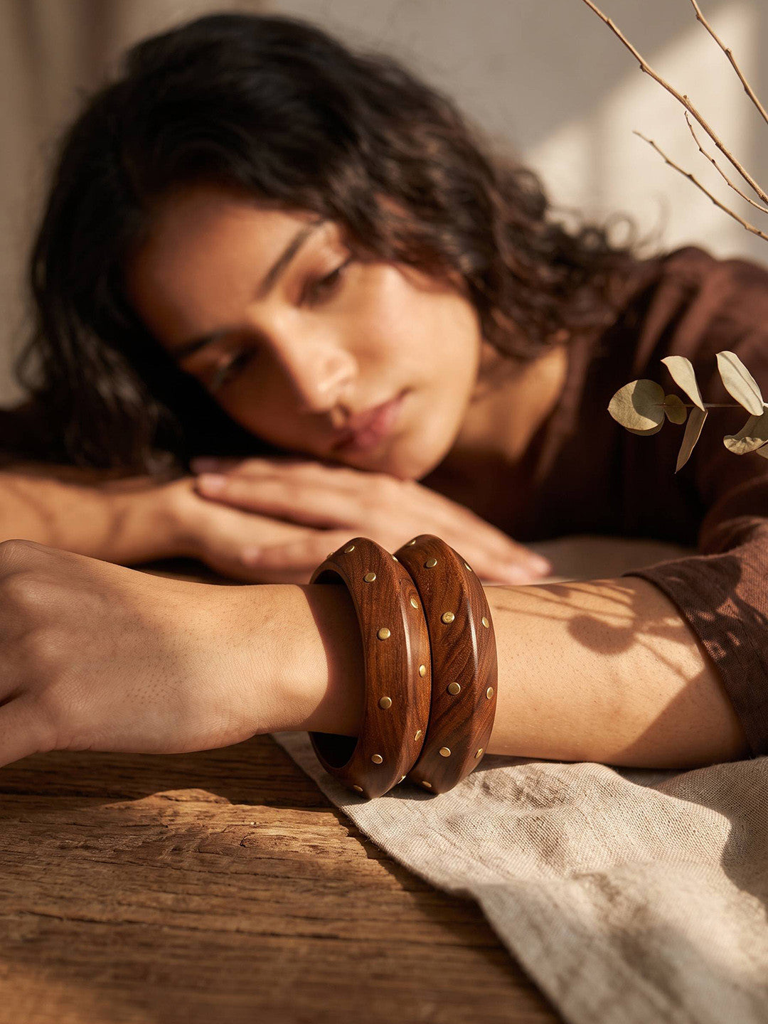 Brass-Studded Wooden Bangles for Women