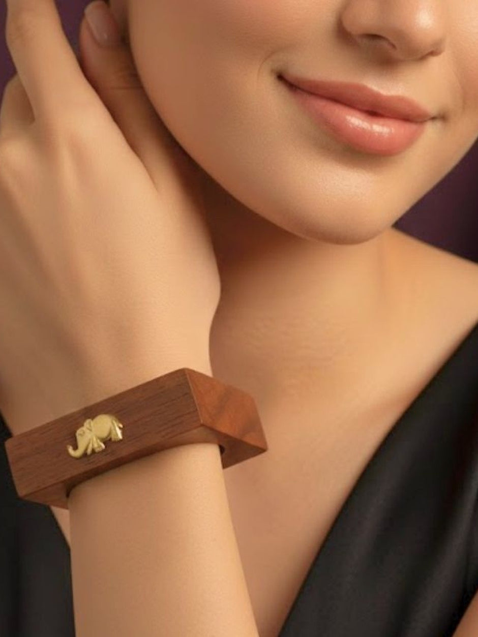 Gold-Toned Wooden Elephant Bangle for Women