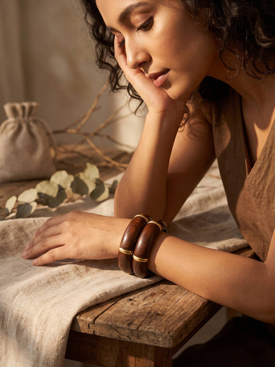 Gold-Toned Wooden Bangles for Women