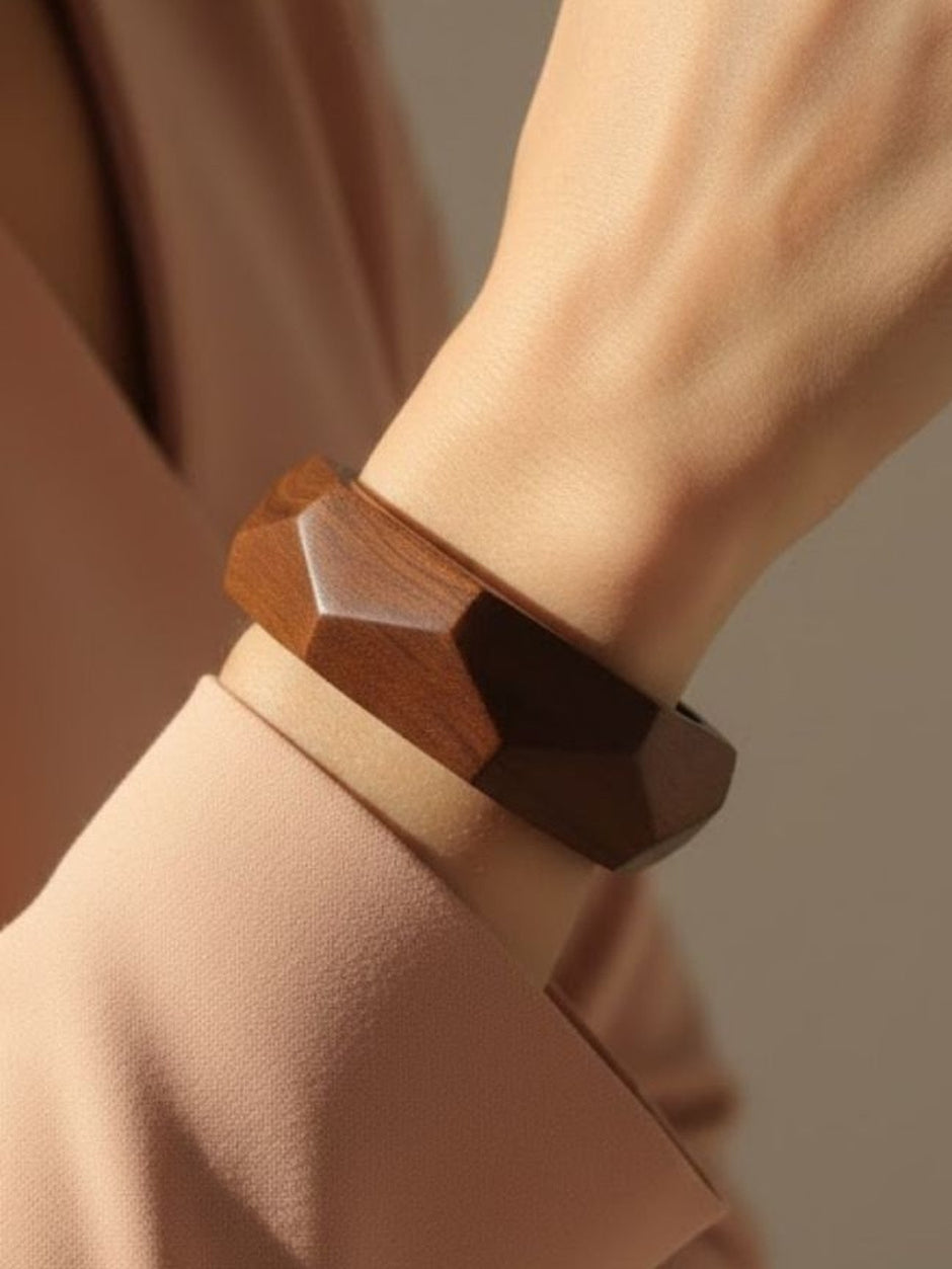 Brown Wooden Faceted Bangle for Women