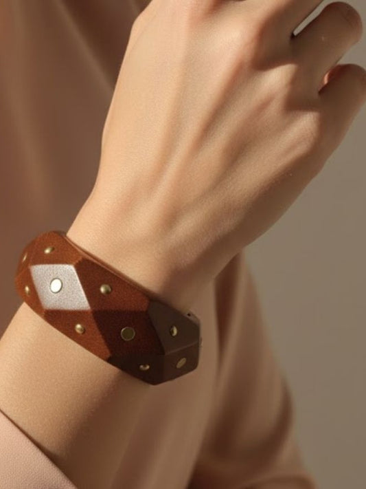 Brass-Studded Geometric Wooden Bangle for Women
