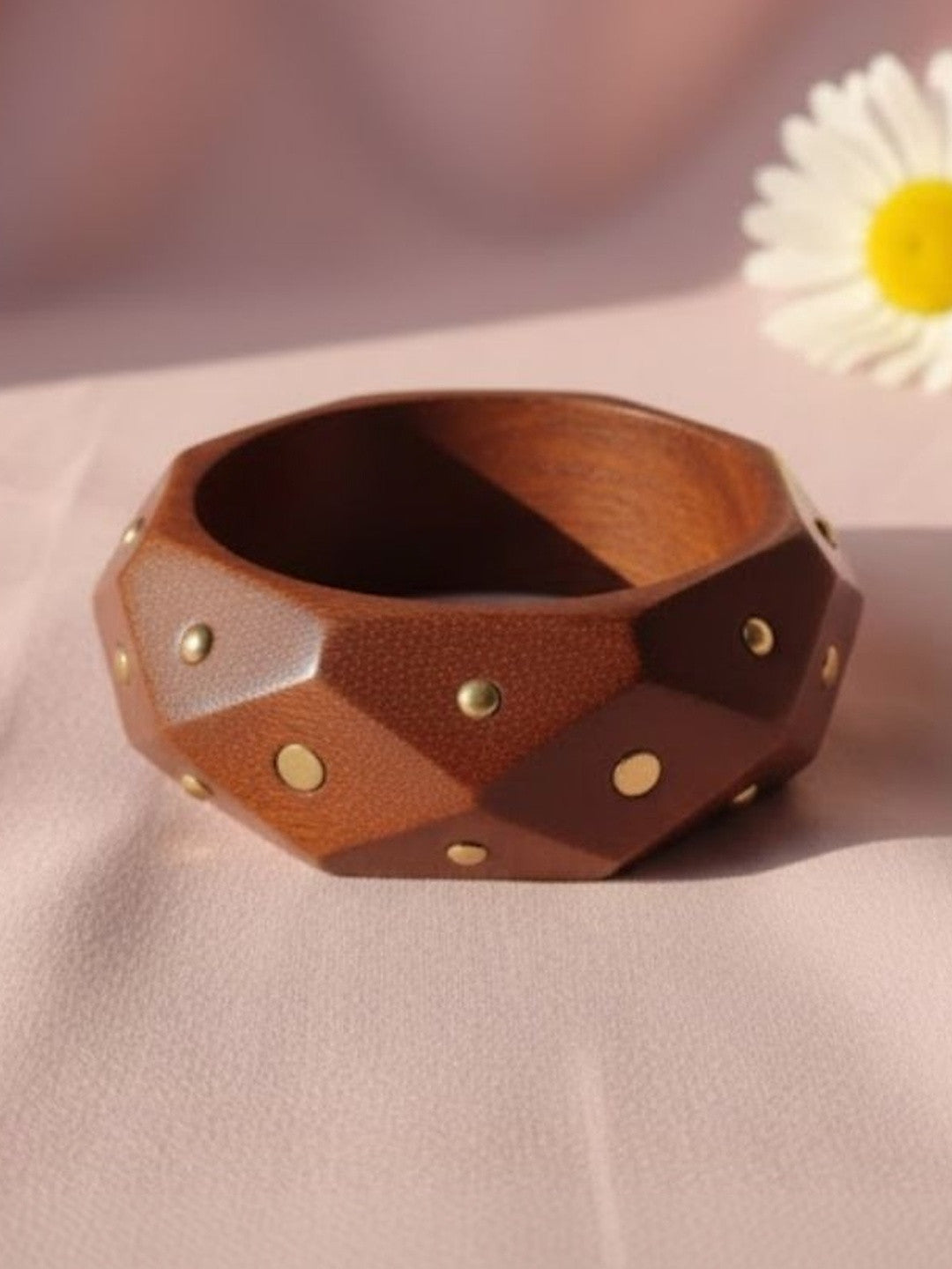 Brass-Studded Geometric Wooden Bangle for Women