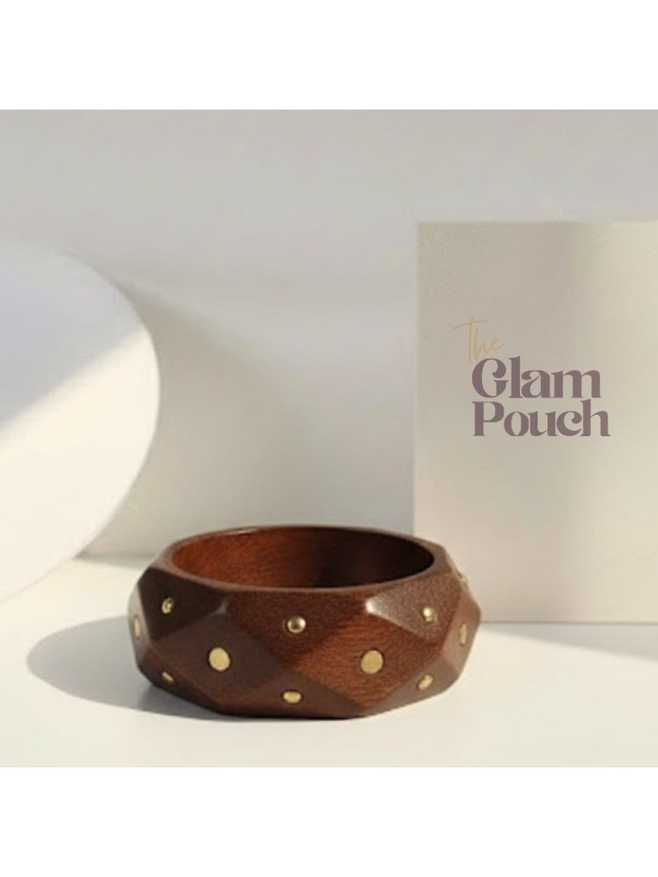 Brass-Studded Geometric Wooden Bangle for Women